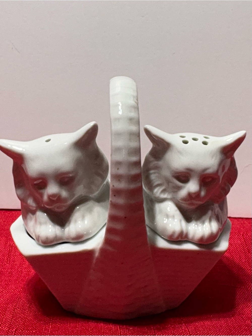 White Ceramic Cat Salt and Pepper Shaker Set with Carrying Basket Chamart France